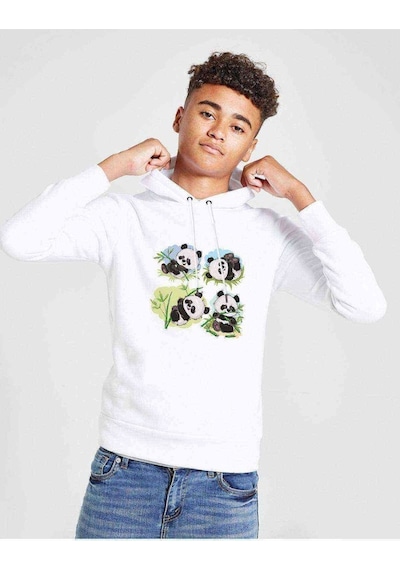 Tshirthane Panda Baskılı Unisex Çocuk Kapüşonlu Beyaz Sweatshirt (529013983)