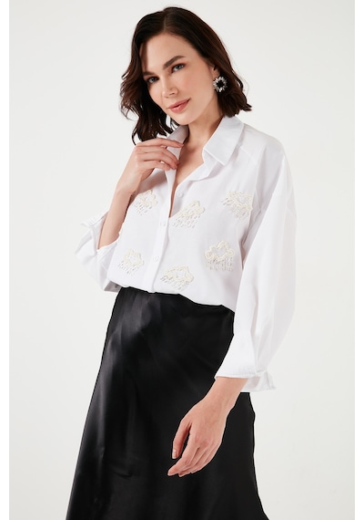 Lela Taş Detaylı Uzun Kollu Regular Fit Bayan Gömlek 611Go00418 Ekru