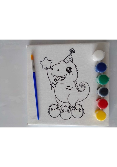 Dinozor Desenli Tuval Boyama Seti 20x20 Cm Boya & Fırça Dahil
