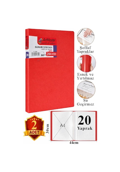 Kırmızı Sunum Dosyası 20 Li 2 Adet Poşet Dosyalı Katalog Dosyası 20 Poşetli Kendinden Dosya Plastik Kapaklı