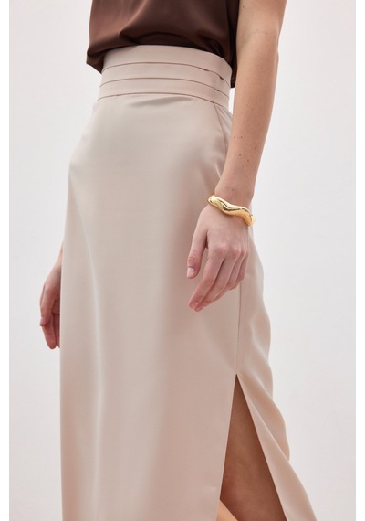 Sateen Bel Pile Detaylı Saten Etek - Bej-136549 Bej
