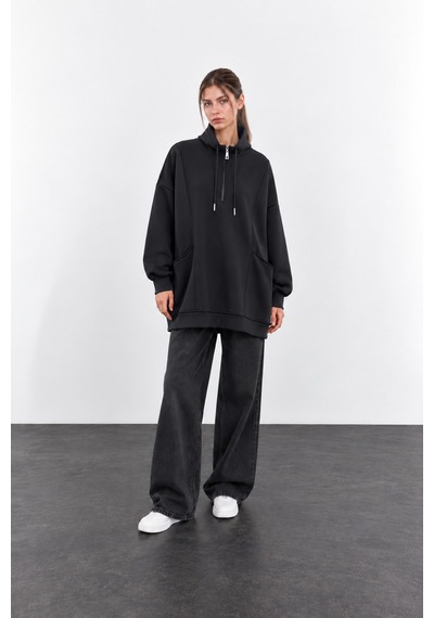 Mitodo Oversize Dik Yaka Fermuarlı Cepli Premium Modal Düşük Kol Kadın Sweatshirt Tunik SiYAH Mitodo Oversize Dik Yaka Fermuarlı Cepli Premium Modal Düşük Kol Kadın Sweatshirt Tunik SiYAH