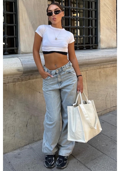 Açık Mavi Kargo Kemer Detaylı Baggy Kadın Jean Mg2874