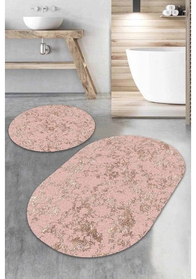 Pembe Mermer Görünümlü Oval Banyo Klozet Paspas Seti Bs064n11