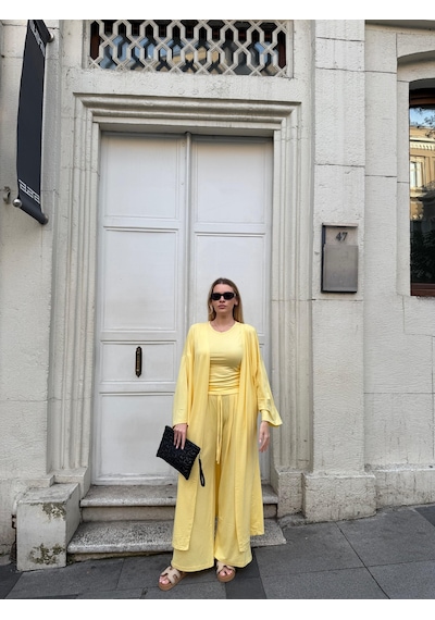Bonacosa Kadın Viskon 3 Lü Takım Kimono + Beli Lastikli Salaş Pantolon + Sıfır Kol Kolsuz 8 Renk Sarı Bonacosa Kadın Viskon 3 Lü Takım Kimono + Beli Lastikli Salaş Pantolon + Sıfır Kol Kolsuz 8 Renk Sarı