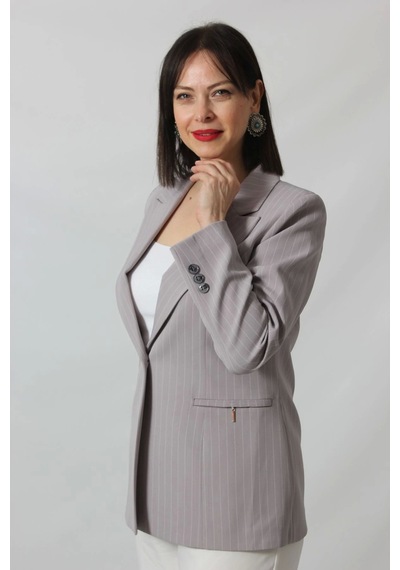 Moda Berray 1906 Gri Çizgili Fermuarlı Cep Aksesuarlı Kadın Büyük Beden Blazer Ceket Gri