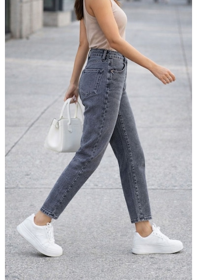 Cedy Denim Kadın Yüksek Bel Soho Boyfriend Jean C599 Gri