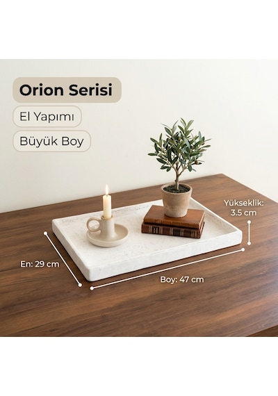 Büyük Boy Kırılmaz El Yapımı Eskitme Beyaz Tepsi - Orion Serisi 29x47x3.5 Cm