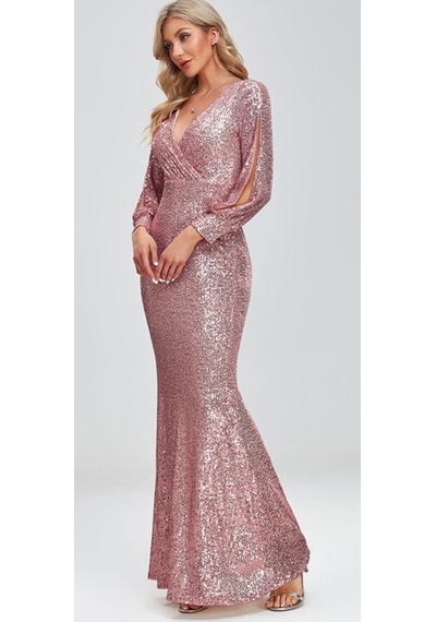 Hanife Glam Couture Hanife Glam Uzun Kollu Kruvaze Yaka Pullu Abiye Elbise Pembe