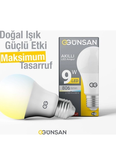 Günsan Akıllı Wifi Led Ampul Beyaz Işık Sesli Komut & Tuya & Smart Life Uyumlu 9w 2700k-6500k Ayarl Diğer