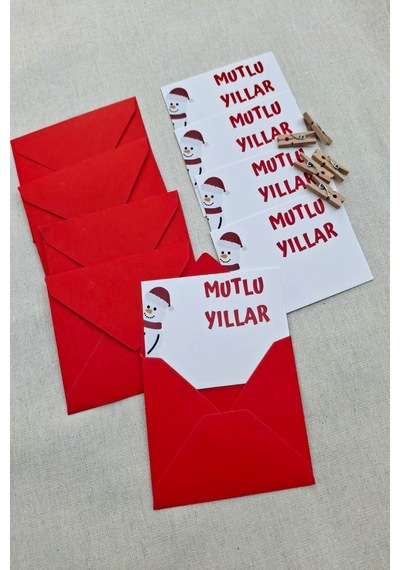 15 Adet Kırmızı Zarf Kardan Adamlı Mutlu Yıllar Kartı - Yılbaşı Hediye - Hediye Paketleme - 9x7
