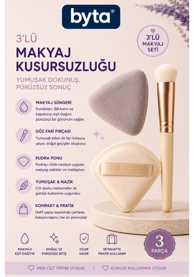 3 Lü Makyaj Uygulama Seti Makyaj Süngeri, Pudra Ponu Ve Göz Farı Fırçası