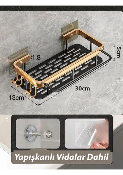 Hedi's Home Banyo Mutfak Askısı Kiracı Dostu Yapışkanlı Banyo Düzenleyici Raf Siyah/gold Genel
