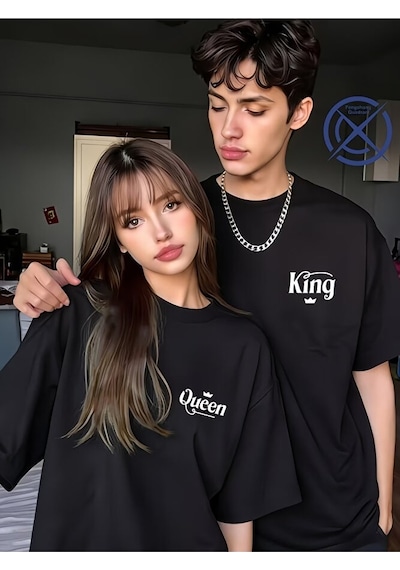 Nevermind King Queen Sevgili Tişört Kombini Unisex Çift Tişört Seti %100 Pa Siyah