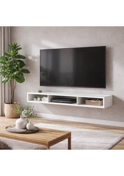 Dekoratif Raflı Duvar Tv Ünitesi Üç Bölmeli Beyaz 150 Beyaz