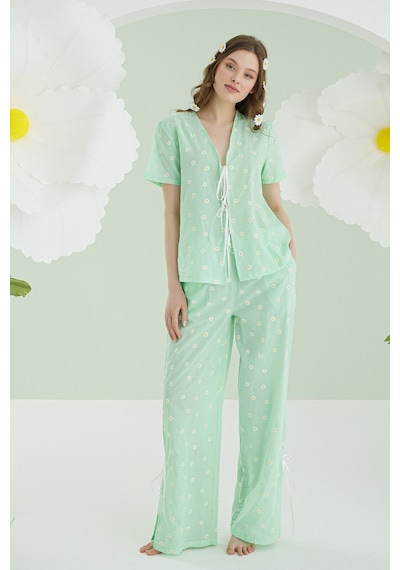 Nbb Kadın Yeşil Papatya Desenli Önden Bağlamalı Pijama Takımı YESIL