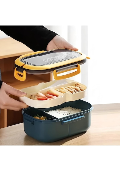 Beslenme Kutusu 1200 Ml 2 Katlı 6 Bölmeli Bpa'sız Pp Plastik Sefer Tası Ve Beslenme Çantası - Lunch Box, Çatal Kaşık Ve Bıçak Dahil Okul Beslenme Mavi Çok Renkli