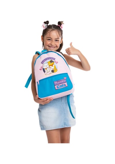 Superbag Kız Çocuk Anaokulu Çantası Mutlu Kediler Desenli Sırt Çantası Kreş Çantası Pembe