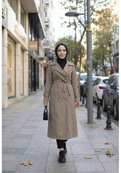 Hb Harma Time Butik Kadın İçi Astarlı Kuşaklı Düğmeli Bej Bondit Trençkot