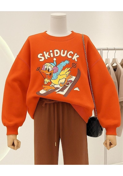 Benroma 3 İplik Penye Skiduck Baskılı Unisex Sweatshırt Turuncu