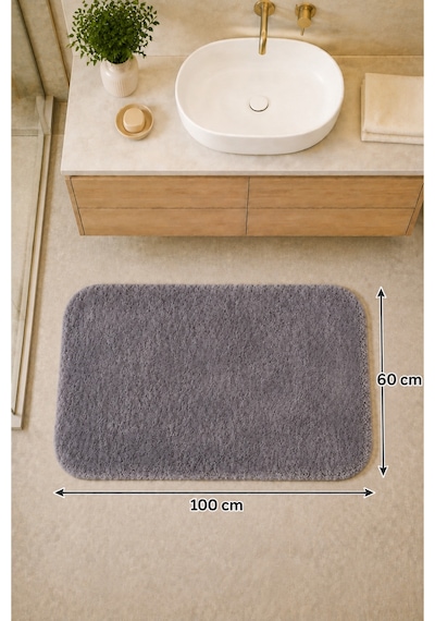 Kaymaz Jel Tabanlı Yıkanabilir Peluş Yumuşak Dokulu Dekoratif Tekli Banyo Paspası 60x100 Cm Koyu Gri