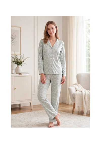 Flz Kadın Kışlık Viskon Pijama Takımı M L Xl Xxl Uzun Kollu Boydan Düğmeli Şık Ev Giyim 89-164 Mint