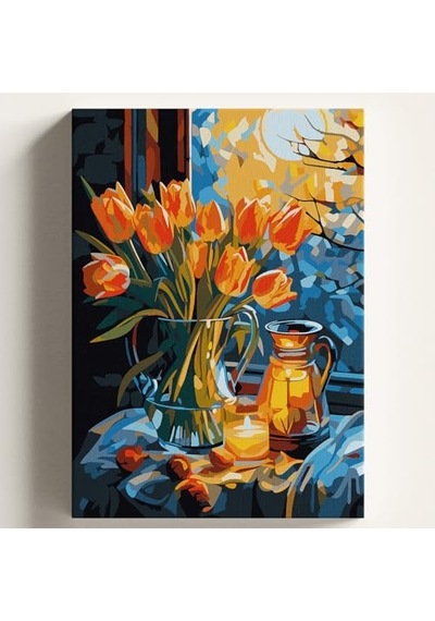 Sayılarla Boyama Tuval Hobi Seti Laleler Ve Gece Temalı Fırça Ve Boya Dahil Set Çıtalı 50x70 Cm Kendin Yap Sayılarla Tuval Boya Kiti Kasnaklı
