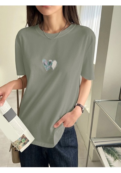 Flood Of Style Kadın Çağla Yeşili Çift Heart Baskılı Oversize T-shirt Yeşil