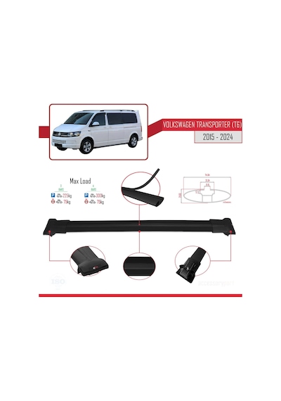 Volkswagen Transporter T6 2015 Ve Sonrası İle Uyumlu Fly Model Ara Atkı Tavan Barı Siyah 3 Adet Bar
