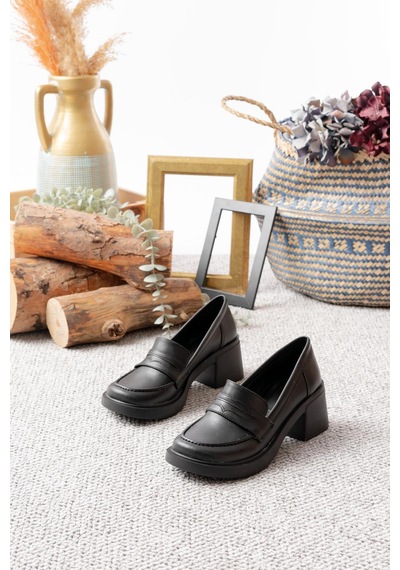 Asmi Shoes Kadın Melina Siyah Cilt 6 Cm Topuklu Loafer Ayakkabı Siyah Siyah