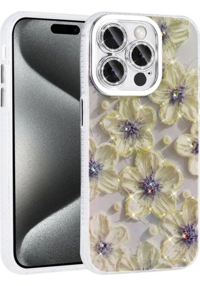 Apple Uyumlu iPhone 15 Pro Max Kılıf Çiçek Desenli Parlak Taşlı Sert Silikon Zore Garden Kapak Mavi