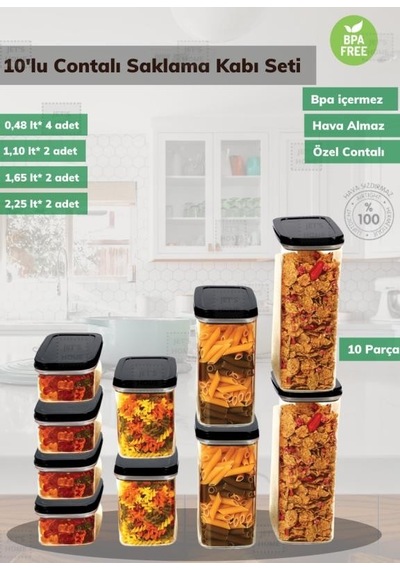 10 Lu Saklama Kabı Seti Bpa Free Bakliyat Kabı Hava Almaz Sızdırmaz Erzak Kabı Şeffaf