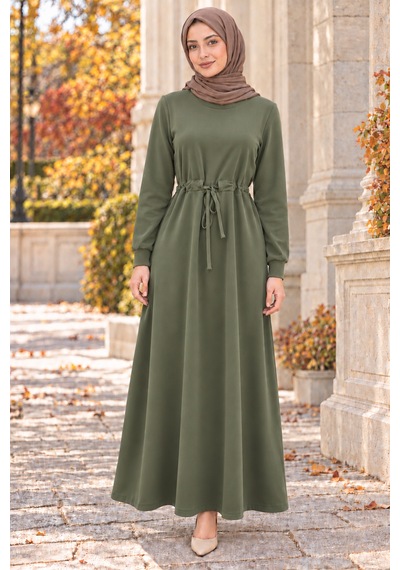 Sevitli Beli Tünelli İki İplik Elbise-haki-6004
