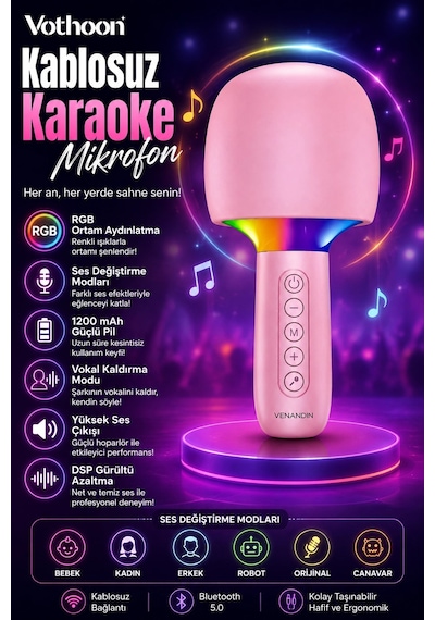 Çocuk Ve Yetişkin Karaoke Mikrofonu Kablosuz Rgb Ambiyans Işığı Ses Değiştirme Modlu Hoparlör