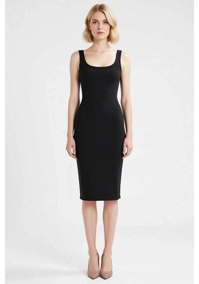 Benerly Kadın Midi Bodycon Örme Elbise Kare Yaka Kalın Askılı Viskoz Liyo Siyah