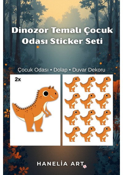 Dinozor Temalı Çocuk Odası Sticker Seti Dolap & Duvar Dekoru Çok Renkli