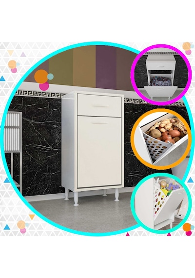 Modilayn Çakır 45x86 Cm Çekmeceli Kirli Çamaşır Sepetli Banyo Dolabı Beyaz