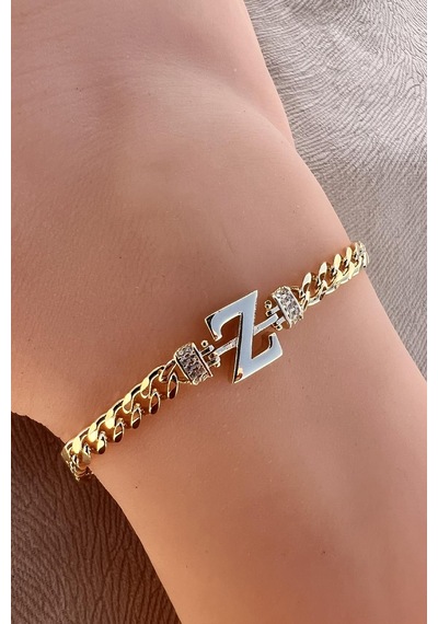 Söğütlü Silver Gümüş Altın Yaldızlı Zirkon Taşlı Üç Boyutlu Gurmet Zincirli Harf Bileklik Barcode Gümüş