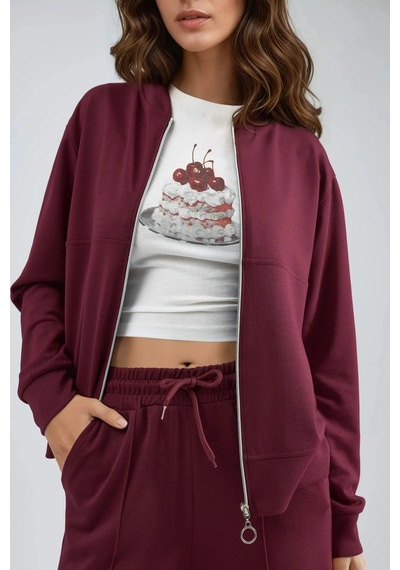 Fiolin Modal Dokulu Fermuarlı Sweatshirt & Nervürlü Pantolon Takımı Bordo