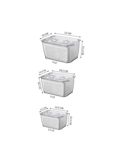 Vinoa 3'lü 2,5 Lt + 5 Lt + 9 Lt Süzgeçli Buzdolabı Düzenleyici Organizer + Saklama Kabı Gri