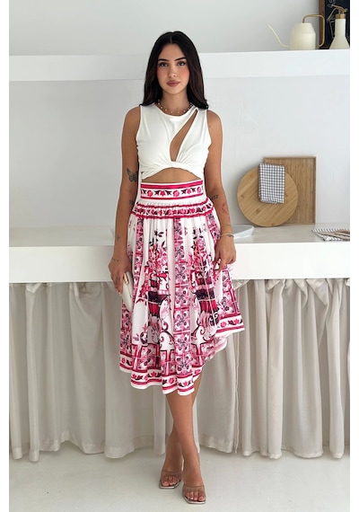 Asprin Fashion İthal Krep Kumaş Desenli Etek Pembe Mavi