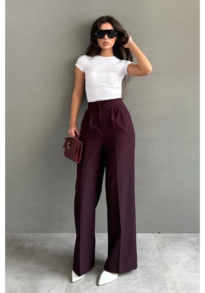 Dokuma Bordo Bol Paça Kadın Kumaş Pantolon Sh341 S
