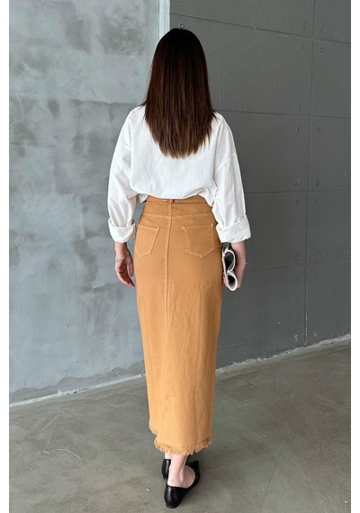 Alemdarshop Camel Gabardin Boyamalı Püsküllü Etek