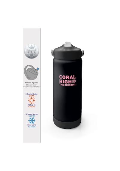 Coral High Siyah Pembe Desenli Katlanır Ağızlıklı Çelik Termos 650 Ml 38355 Siyah