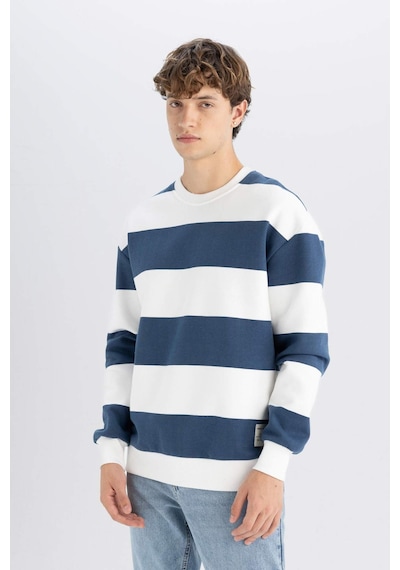 Defacto Boxy Fit Bisiklet Yaka Çizgili Sweatshirt A9066AX24AUBE88 Mavi