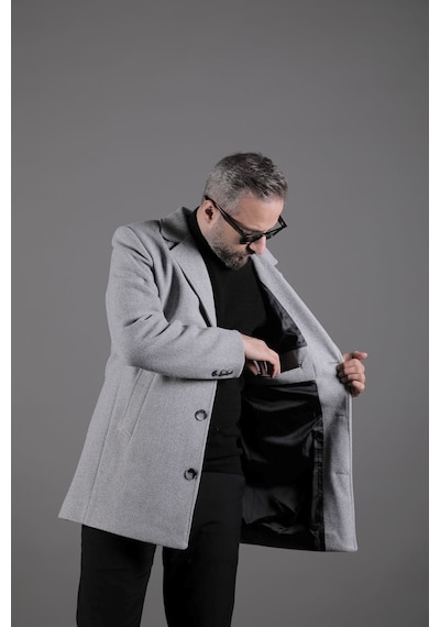 Ohepmoda Düğmeli Düz Erkek Kaşe Kaban Gri