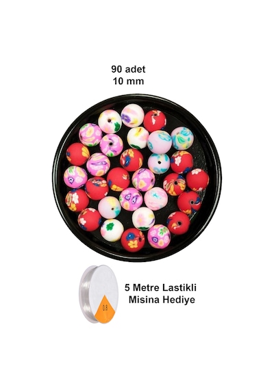 90 Adet 10 Mm Polimer Kil Fimo Boncuk Takı Bileklik + 5 Metre Lastikli Misina Hediye - Desenli Yuvarlak