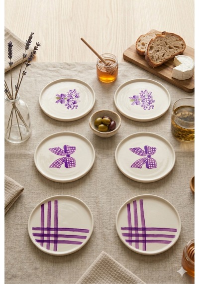 Lila Gift 6 Lı Seramik Pasta Tabağı 20 Cm Lila Desenli 6 Kişilik Tatlı Sunum Servis Tabak Seti Beyaz