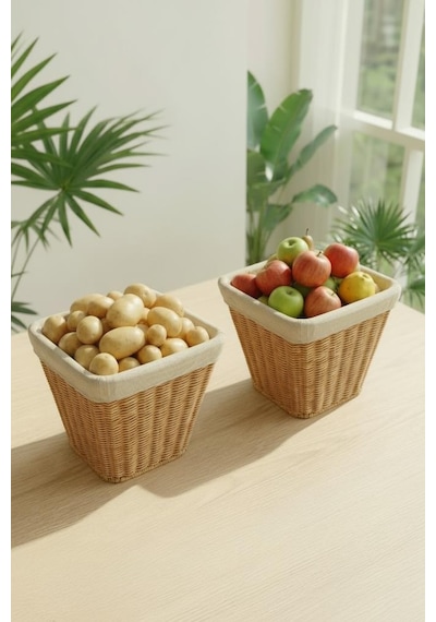 Digithome 2'li Kare Rattan Hasır Patates Soğan Sarımsak Meyve Sepeti Düzenleyici Organizer -9t01 Kahverengi