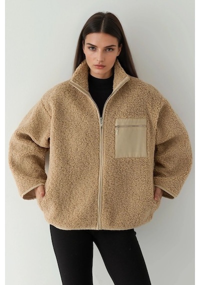 Hiccup Fermuarlı Yakalı Oversize Peluş Kaban Açık Gri